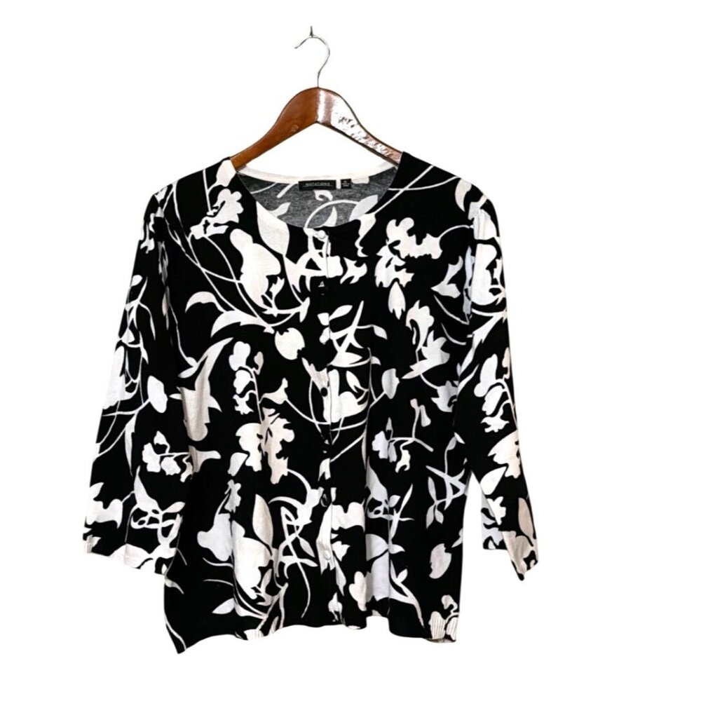 Notations Womens Black‎ & White Floral Button-Up Cardigan Sweater XL 3/4 Sleeve